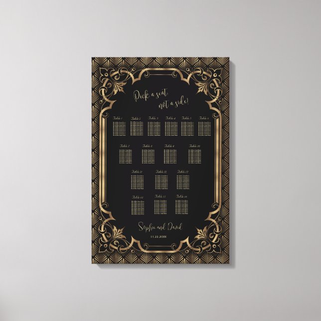 Glam Gold Black Wedding Seating Chart Canvas Print (Front)