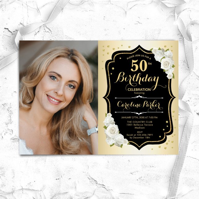 Glam Gold Black White 50th Photo Birthday Invitation (Creator Uploaded)