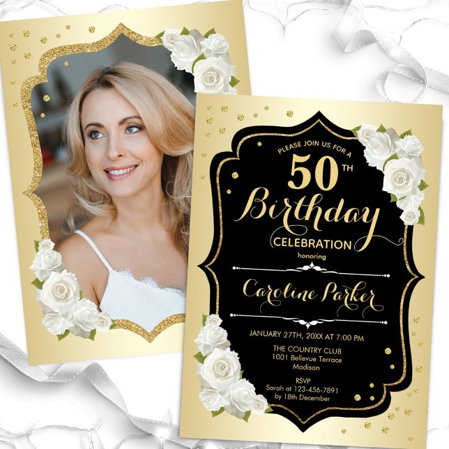Glam Gold Black White Photo 50th Birthday Invitation (Creator Uploaded)