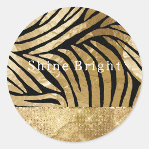 Glam Gold Black Zebra Animal Glitzy Sparkle Classic Round Sticker