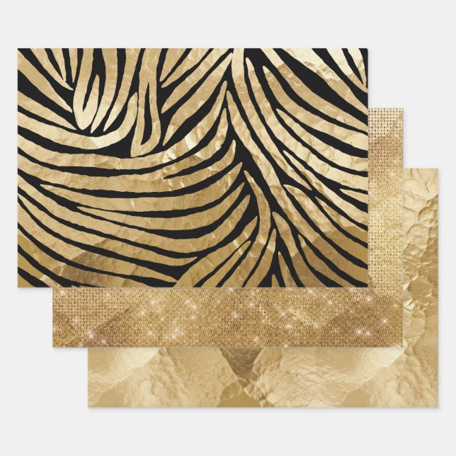 Glam Gold Black Zebra Animal Glitzy Sparkle  Wrapping Paper Sheet (Set)