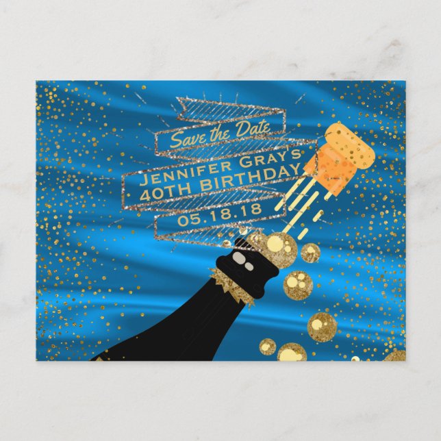 Glam Gold Blue Save the Date Champagne Birthday Announcement Postcard (Front)