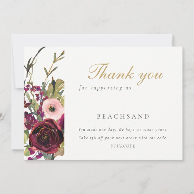 Glam Gold Blush Burgundy Rose Floral Business  Thank You Card (Front)