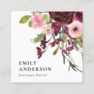 GLAM GOLD BLUSH BURGUNDY WATERCOLOR FLORAL SQUARE BUSINESS CARD