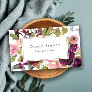Glam Gold Blush Burgundy Watercolor Rose Floral Business Card