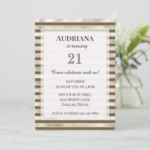 Glam Gold Blush Pink Brown Stripes Birthday Invitation