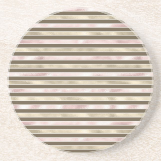 Glam Gold Blush Pink Brown Stripes Coaster (Front)