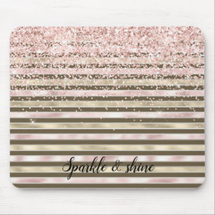 Glam Gold Blush Pink Brown Stripes Girly Glitter Mouse Mat