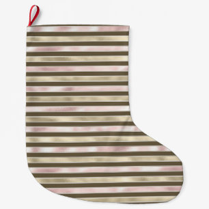 Glam Gold Blush Pink Brown Stripes Large Christmas Stocking