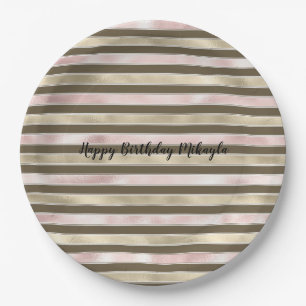 Glam Gold Blush Pink Brown Stripes Paper Plate