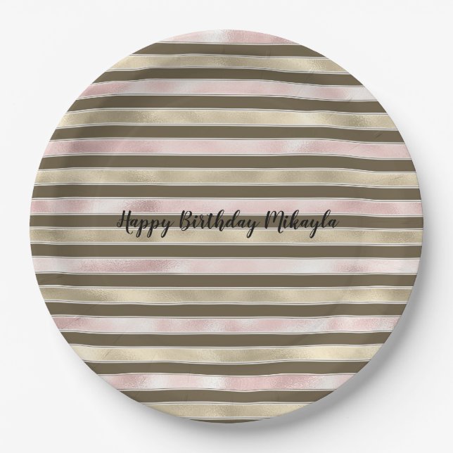 Glam Gold Blush Pink Brown Stripes Paper Plate (Front)