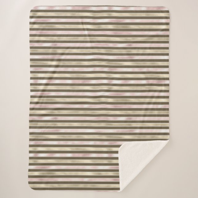 Glam Gold Blush Pink Brown Stripes Sherpa Blanket (Front)