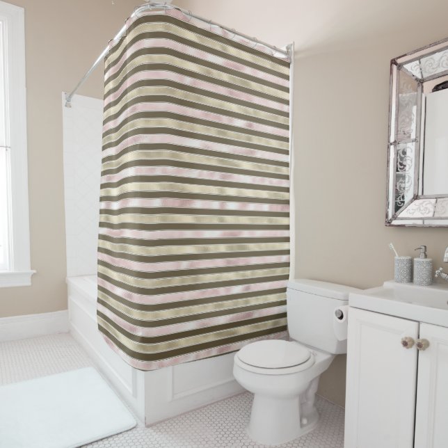 Glam Gold Blush Pink Brown Stripes Shower Curtain (In Situ)