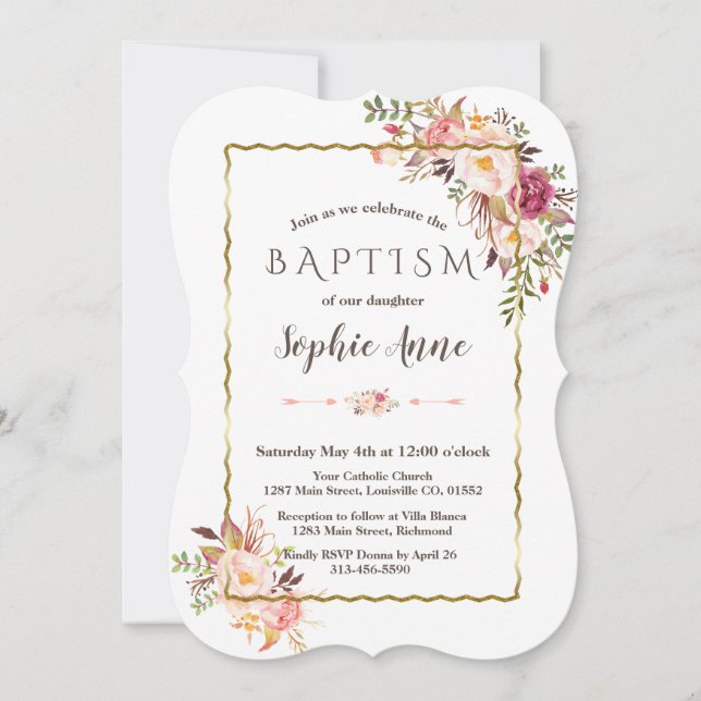 Glam Gold Blush Pink Floral Baptism Invite (Front)