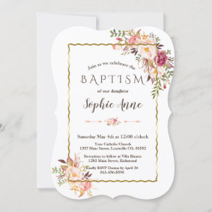Glam Gold Blush Pink Floral Baptism Invite