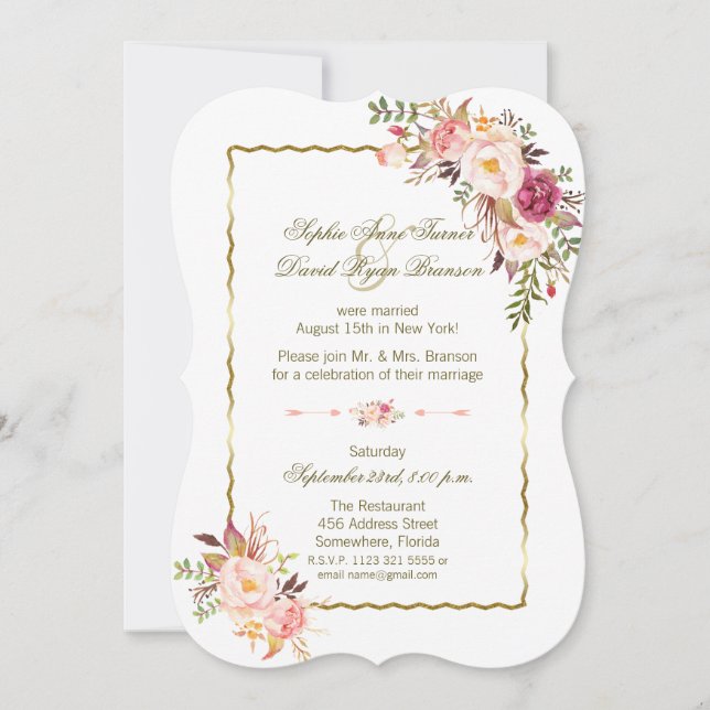 Glam Gold Blush Pink Floral Evening Wedding Invitation (Front)