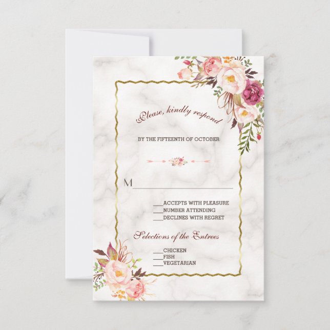 Glam Gold Blush Pink Floral Marble Wedding RSVP Card (Front)
