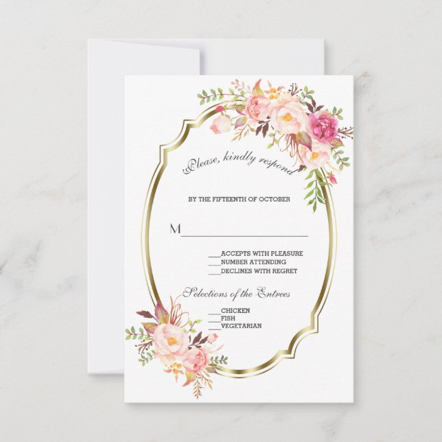 Glam Gold Blush Pink Floral Wedding RSVP (Front)