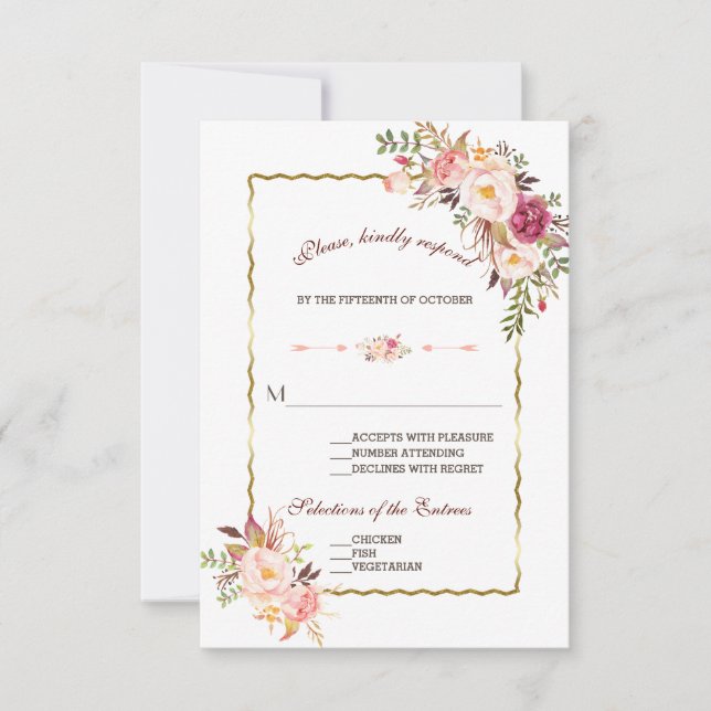 Glam Gold Blush Pink Floral Wedding RSVP Card (Front)