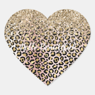 Glam Gold Blush Pink Leopard Print Glitter   Heart Sticker