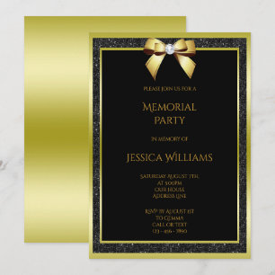 Glam Gold Bow & Black Glitter Memorial Party Invitation