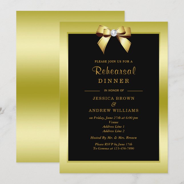 Glam Gold Bow & Black Rehearsal Dinner Invitation (Front/Back)