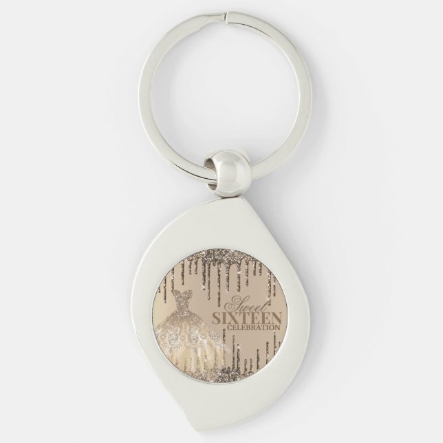 Glam Gold Brown Glitter Spark Sweet 16 Birthday Key Ring (Front)