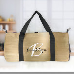 Glam Gold Brushed Metal Black and White Monogram  Duffle Bag<br><div class="desc">This personalised duffel bag features a monogram and first name in modern black and white script on a glam gold faux brushed metal background.</div>