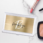 Glam Gold Brushed Metal Black White Monogram Business Card Holder<br><div class="desc">This trendy modern business card case features a monogram and first name in black and white script on a stylish gold faux brushed metal background.</div>