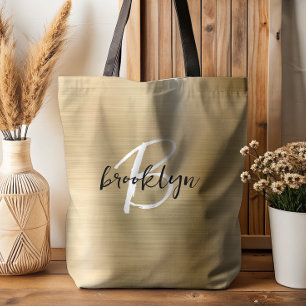 Glam Gold Brushed Metal Black White Monogram Tote Bag