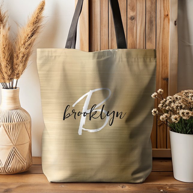 Glam Gold Brushed Metal Black White Monogram  Tote Bag (Creator Uploaded)