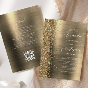 Glam Gold Brushed Metal QR Code Wedding Invitation
