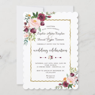 Glam Gold Burgundy Blush Bloom Floral Wedding Invitation