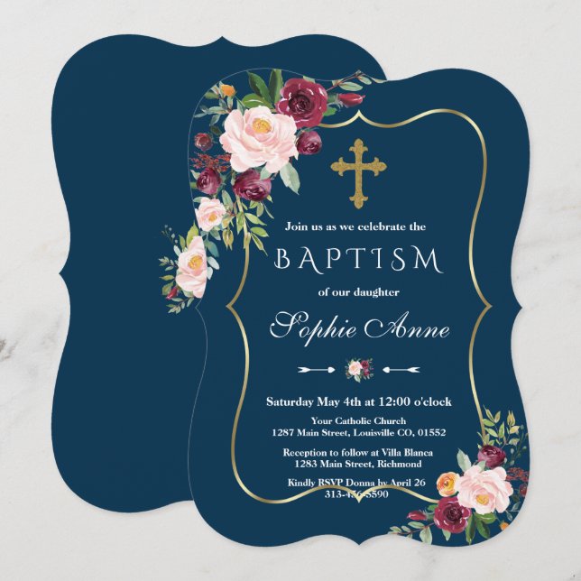 Glam Gold Burgundy Blush Floral Navy Blue Baptism Invitation (Front/Back)