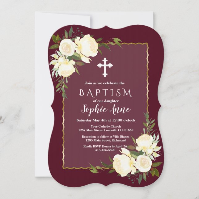 Glam Gold Burgundy White Floral Baptism Invite (Front)