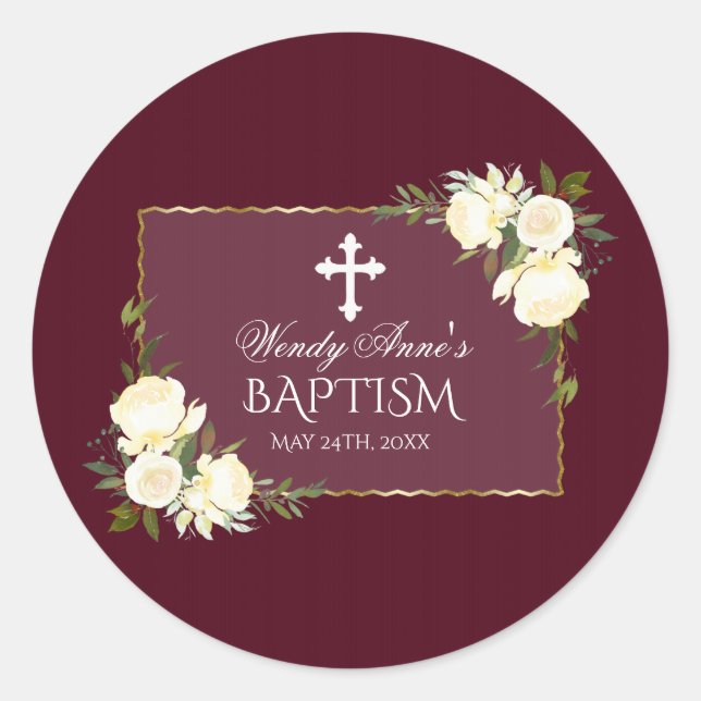 Glam Gold Burgundy White Floral Baptism Invite Classic Round Sticker (Front)
