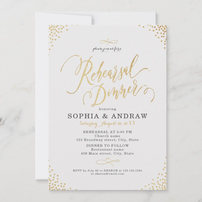 Glam gold calligraphy vintage Rehearsal Dinner Invitation (Front)