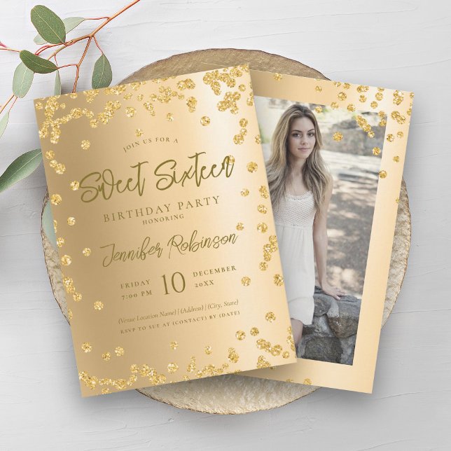 Glam Gold Chic Glitter Photo Sweet 16   Invitation (Glam Gold Chic Glitter Photo Sweet 16 Invitation)