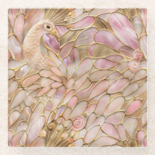 Glam Gold Chic Pink Peacock Glass Coaster