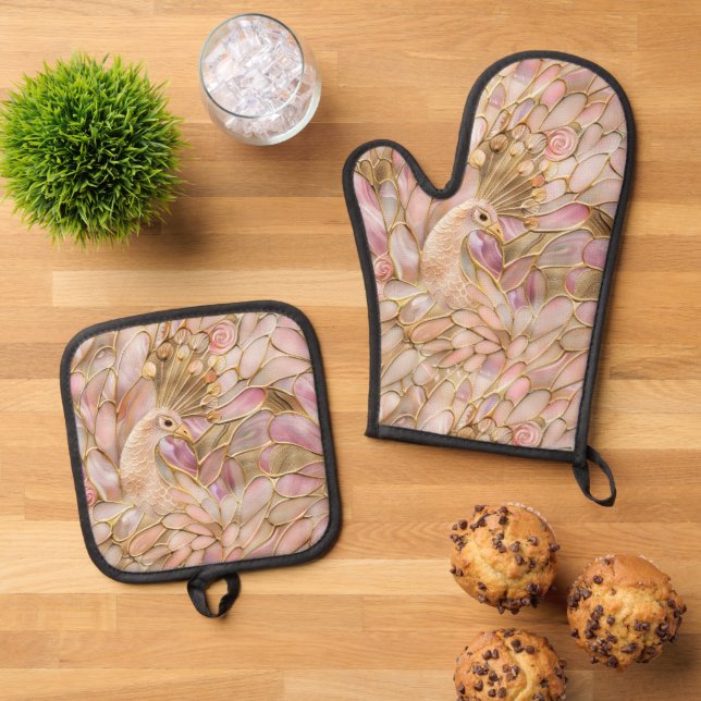 Glam Gold Chic Pink Peacock Oven Mitt & Pot Holder Set (Top Down)