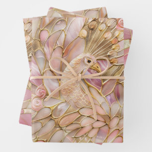 Glam Gold Chic Pink Peacock Wrapping Paper Sheet