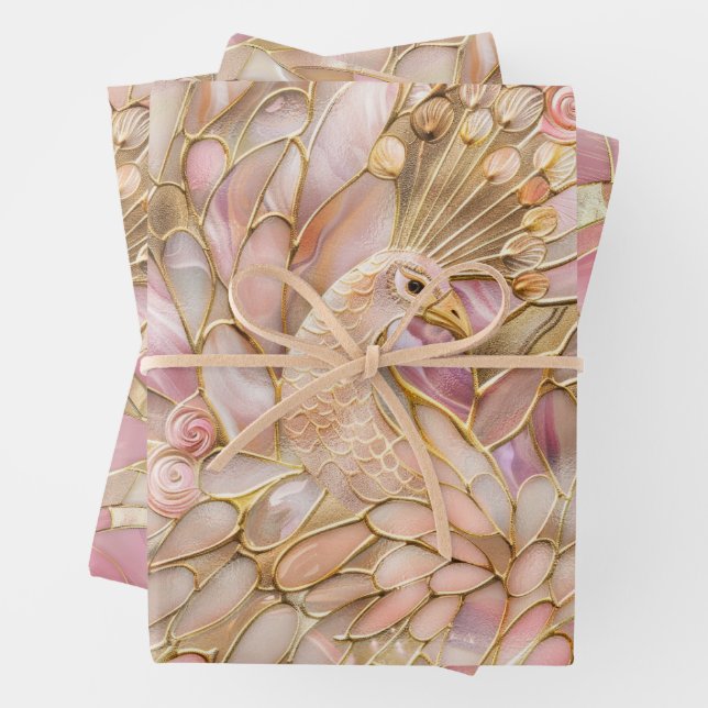 Glam Gold Chic Pink Peacock Wrapping Paper Sheet (In situ)