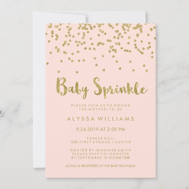 Glam Gold Confetti Baby Sprinkle on Blush Pink Invitation (Front)