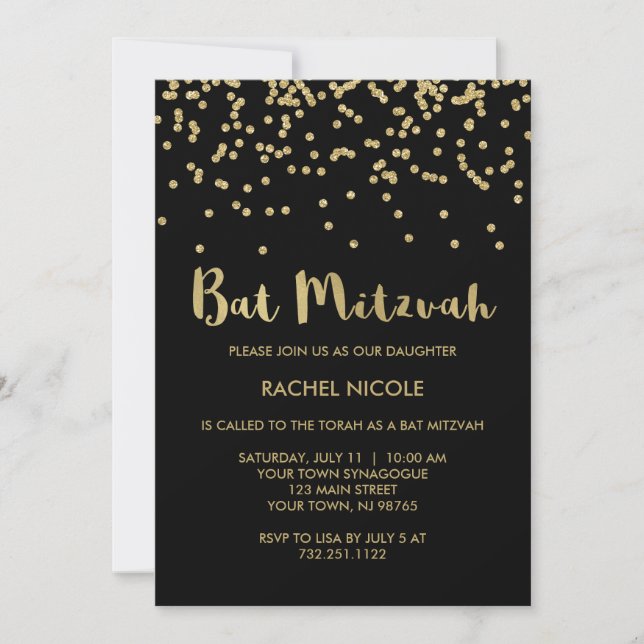 Glam Gold Confetti Bat Mitzvah on Black Invitation (Front)