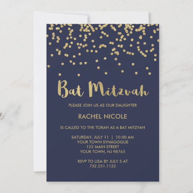 Glam Gold Confetti Bat Mitzvah on Midnight Blue Invitation (Front)