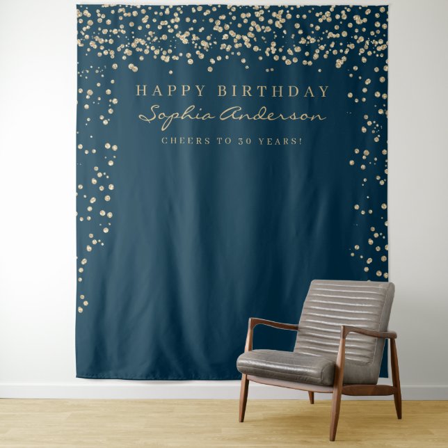 Glam Gold Confetti Birthday Backdrop Any Age Tapestry (In Situ)