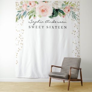 Glam Gold Confetti Sweet 16 Birthday Backdrop Tapestry