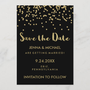 Glam Gold Confetti Wedding Save the Date on Black