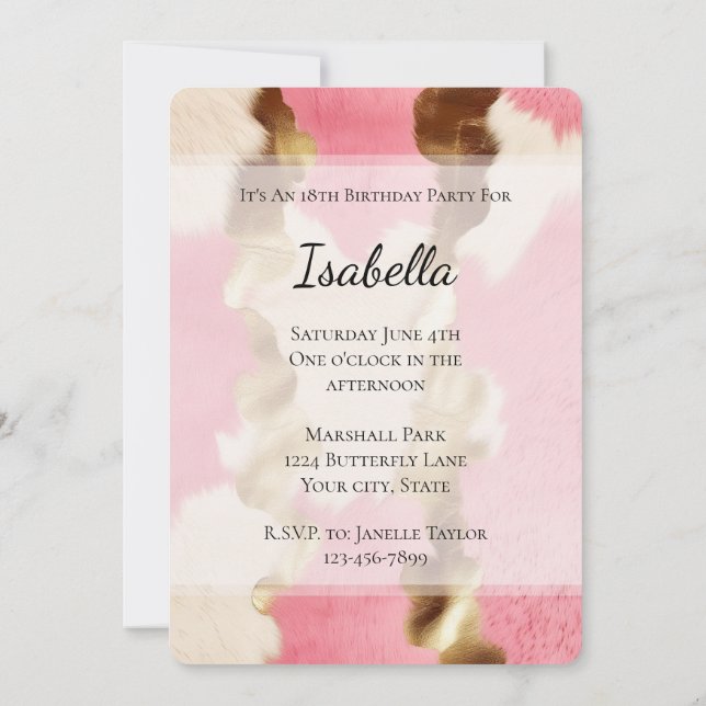 Glam Gold Cream Pink Cowgirl Cowhide Birthday Invitation (Back)