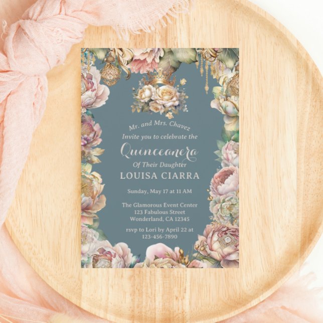 Glam Gold Crown Diamond Flowers Quinceanera  Invitation (Creator Uploaded)